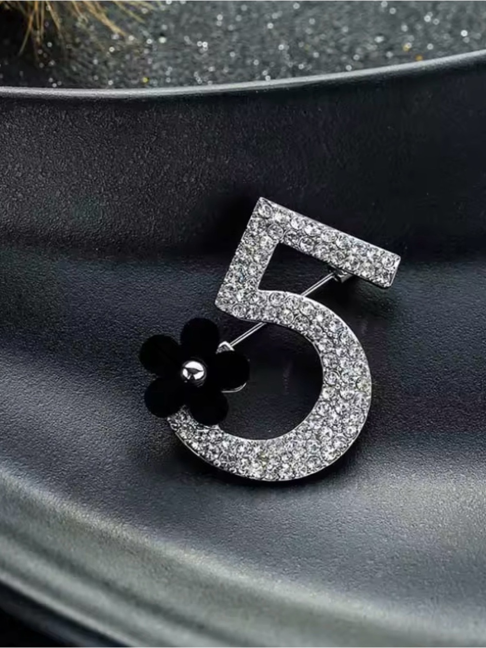 Silver Number 5 Brooch with Black Flower Accent - Elegant Women Jewelry